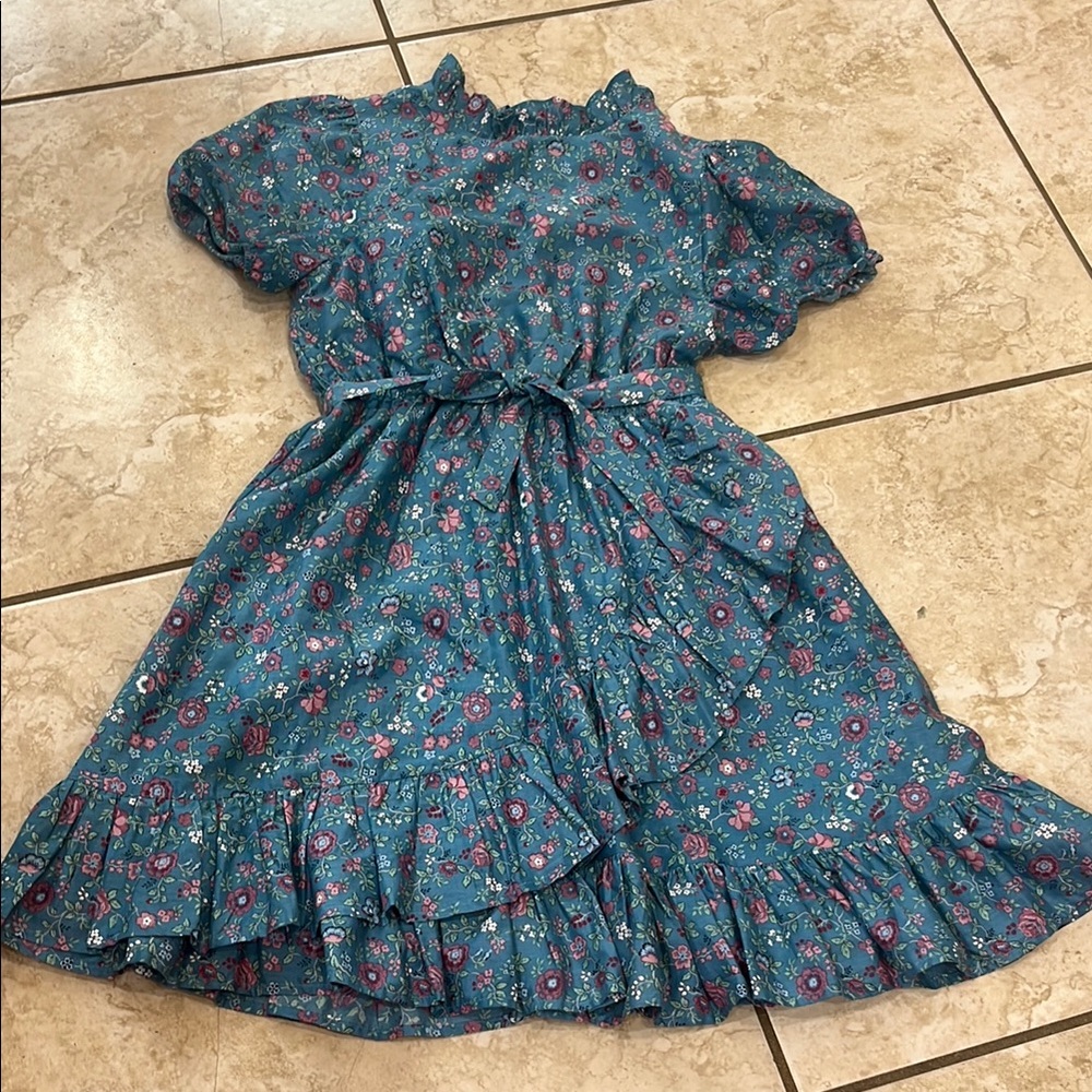 Janie and Jack Floral Tween Peacock blue and Mauve Kids Cotton Dress